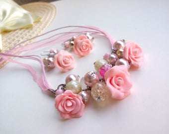 Pink Rose Jewelry Set , Rose Polymer Clay Jewelry Set, Pink Rose Necklace, Pink Rose Earrings, Rose Jewelry Set, Pink Flower Jewelry