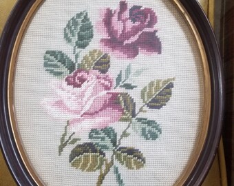 framed vintage rose needlepoint art