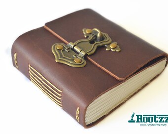 Leather with watercolor paper and vintage lock - journal - art journal - notebook