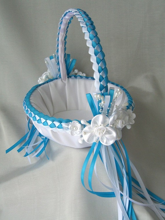Wedding Flower Girl Basket Turquoise and White or Custom Made