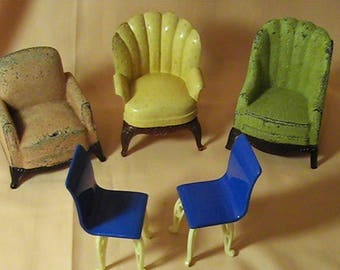 Very Rare Plasco Dollhouse 2 Armchairs, Renwal Wing Chair, 2 Patio Chairs Made in USA, Size 1:16