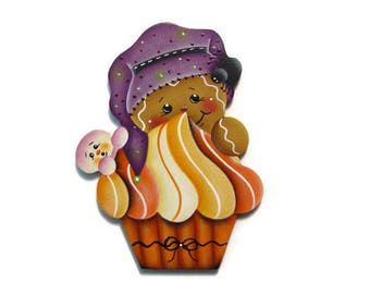 Halloween Cupcake and Ginger Fridge Magnet or Ornament, Handpainted Wood, Hand Painted Gingerbread Refrigerator Magnet, Tole Painting