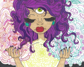 Awakening Goddess 3rd Eye Psychedelic Original Art Print Spiritual Third Eye Chakra Trippy Mandala