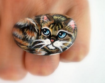 Cat Ring - Hand Painted on Pebble - Adjustable, original wearable miniature art ,for pet lovers