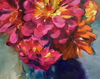 zinnia // zinnias // zinnia art // zinnia painting // flower art // flower painting // original art // flower bouquet art // original art