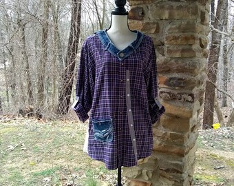 Upcycled Purple Plaid with denim neckline Size L Long Boho Tunic repurposed refashioned clothing altered couture shabby chic prairie style