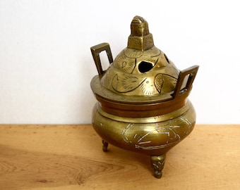 Vintage brass censer…Chinese brass incense burner...etched brass incense burner...foo dog finial...signed.