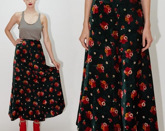 BETSEY JOHNSON Maxi Skirt, Emerald Green Velvet Floral Print, 1970's Designer Vintage Alley Cat Label, XS / small