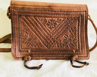 Vtg Moroccan Leather Purse. Adjustable Strap. Handmade in Morocco.