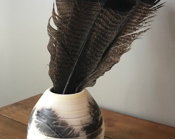 Handmade ceramic raku fired beehive vase with feather fired pattern