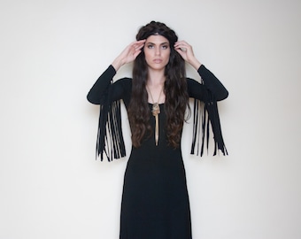 Black Fringe Sleeve Scoop Neck Maxi Dress XS S M L XL