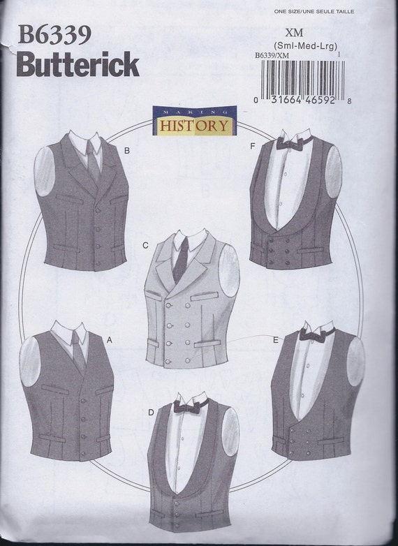 Butterick 6339 Men's Victorian Edwardian Vests SingleBreasted Double