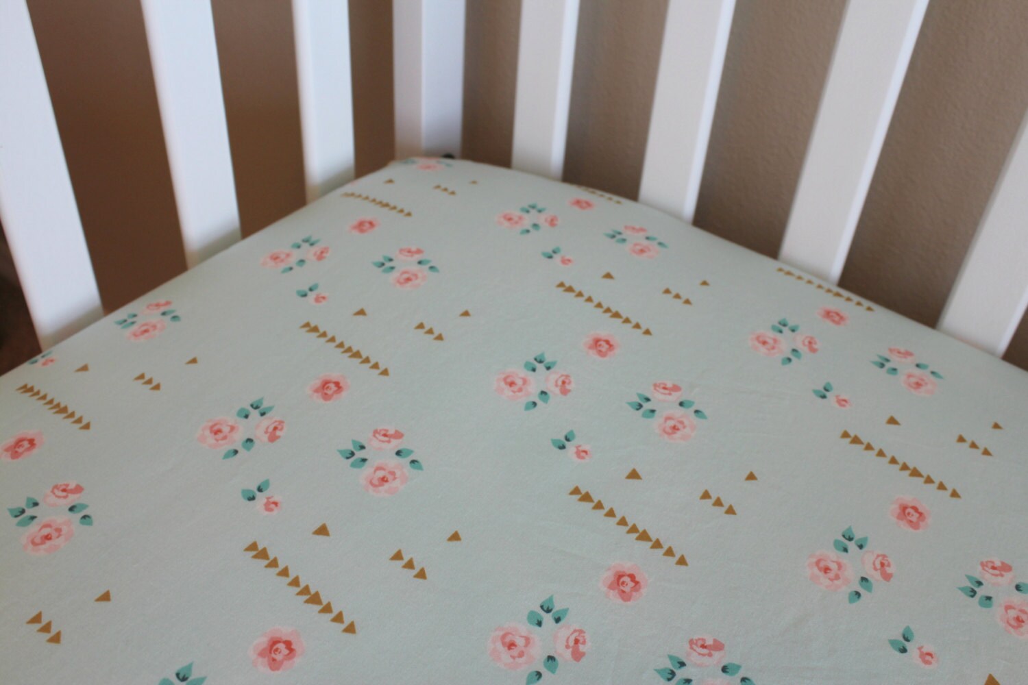 Fitted Crib Sheet or Changing Pad Cover coral mint and gold