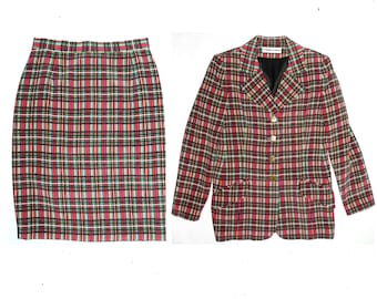 1980s David Hayes SILK Suit / Bold Red MOD plaid Women's Blazer and Skirt / Summer Career Bright / Vintage size 8