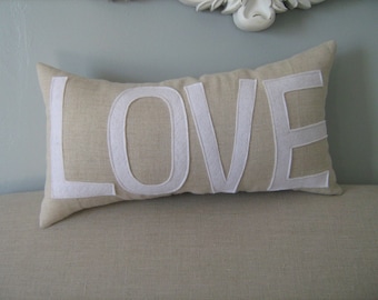 LOVE Lumbar Pillow in Oatmeal Linen and White Wording