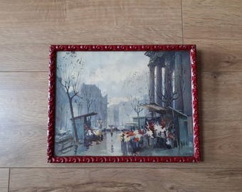 Vintage 50's Mid Century French Street Scene Print- framed, glazed, 'Paris in the Rain (Madeleine)'