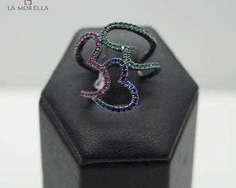 Burnished silver ring with blue, green and Red cubic zirconia