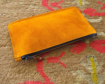 Rainbow pouch - Turmeric suede with blue zip - pen case, glasses case, wallet, phone case