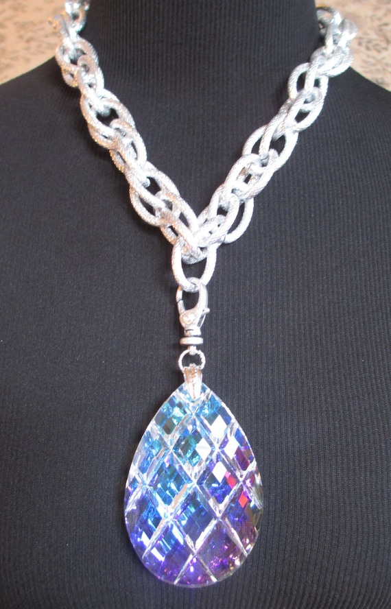Large Carved Teardrop Crystal Prism Necklace Silver Textured