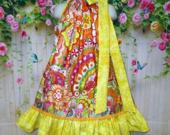 Girls Dress 4T/5 Yellow Gold, Orange Pop Flower Pillowcase Dress, Pillow Case Dress, Sundress, Boutique Dress