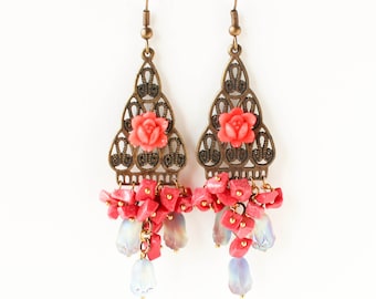 Gypsy boho beaded chandelier flower earrings LAST ONE