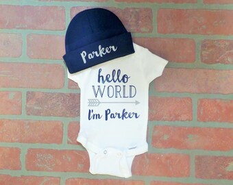 Personalized Boy's Hello World Onesie with navy beanie hat set. Boy's Bring Home Outfit. Boy's Newborn Outfit. Take Home Outfit.