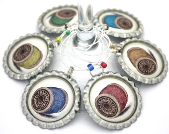 Seamstress wine charms Gift for quilter Sewing party favors Spool of thread drink tags.