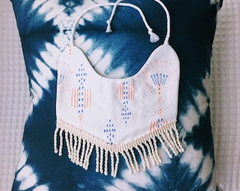 Reversible Rope Fringe Boho Bib; Tribal + Chambray