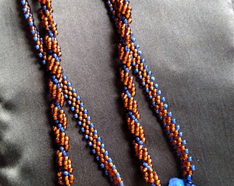Beaded Rope Necklace with Lapis Nugget - Bead Weaving - Statement Necklace - Lapis