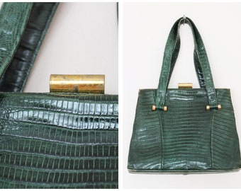 Reserved // 1940s Handbag // Reptile Look Dark Green Leather Handbag // vintage 40s Bass handbag