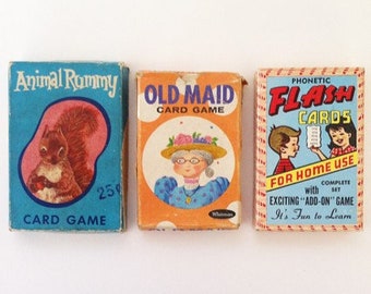 Vintage Card Games, Old Maid, Animal Rummy, Phonetic Flash Cards, Whitman, Fairchild, Warren, Children's Games