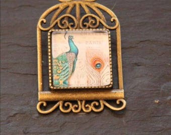 square cabochon pattern Peacock brooch