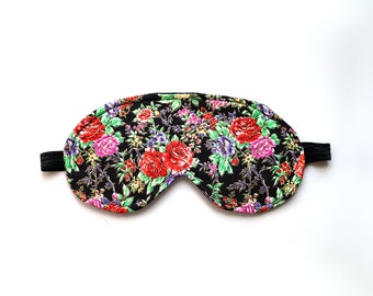 Black Floral Cotton Sleep Mask. Light Blocking Mask. Handmade Gift for Her