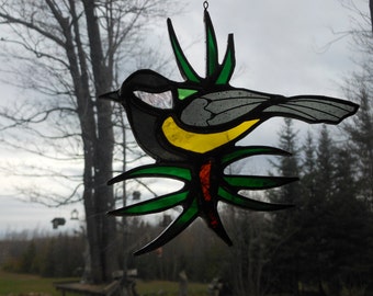 Great Tit/Pine needles stained glass suncatcher