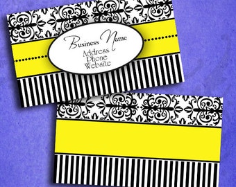 Elegant Yellow Black & White Damask Business Card Template Digital INSTANT DOWNLOAD 3.5 x 2 Inches Calling Card (BC23)