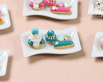 MTO-Classic French Pastries on Plate - St Honoré, Religieuse, Eclair - Turquoise Selection - Miniature Food for Dollhouse 12th scale (1:12)