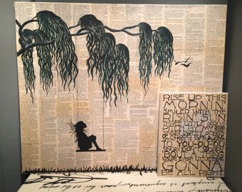 Vintage Willow Tree/Swinging Girl Newspaper Painting