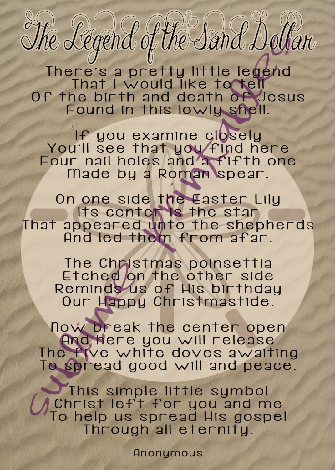 Sand Dollar Legend Poem printables INSTANT DOWNLOAD