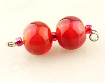 Lampwork Glass Bead Set Earring Pair Iridescent Red, Orange, Pink