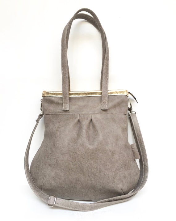 Leather handbag , Leather Bag grey" SHELLY BAG " stone/gold