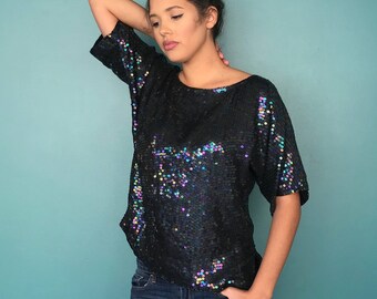 80s Slouchy Sequin Top, Beaded Top, Sequin Shirt, Mid Length Sleeve, Sequined Blouse, Vintage Evening Top, Small Medium, TaraLynEvansStudio