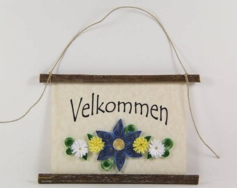 Velkommen, Danish Welcome, Paper Quilled Denmark Welcome Sign, 3D Quilled Banner, Blue Yellow White Decor, Denmark Gift, Danish Wall Art