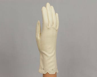 Long Gloves, Off white, 10 inches in length Wear Right 100% cotton Made in West Germany Beautiful embroidered wrist edge Size 6 1/2 Medium
