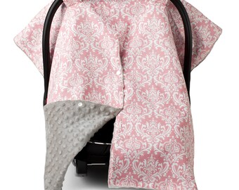 Carseat Canopy | Nursing Cover | Car Seat Canopy w/ Peekaboo Opening™- Pink Damask Pattern w/ Champagne Dot Minky for Baby Girl