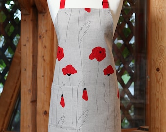 Linen Cotton Apron Poppies, Kitchen Apron For Women, Linen Apron With Flowers, Cute Apron, Cooking Apron