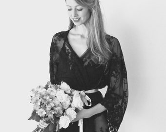 HELENA Black guipiere lace kimono - getting ready bridal kimono, valentines day, lingerie, trousseau, honeymoon, gift for her