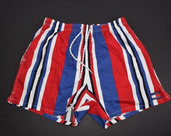 Vintage 90s Tommy Hilfiger Striped swimming trunks mens Large spell out swim shorts