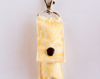 Yellow Paisley Lip Balm Holder, Clip On Lip Moisturizer, Yellow Chapstick Holder, Yellow and White Cotton Fabric, Handmade