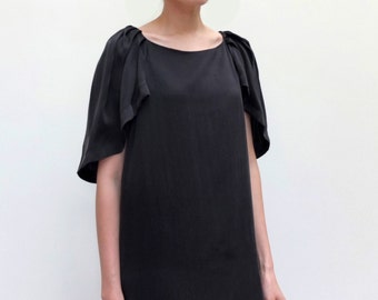 Silk formal lbd ruched shoulder puff capelet sleeves structural shift dress