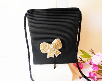 Black Evening Bag, Glamorous Handbag, Gold Bead Trim, Beaded Bow,Black Clutch Bag, Sparkly Purse, Evening Purse EB-0728